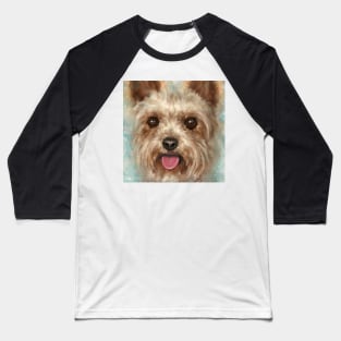 Painting of a Furry Yorkshire Terrier with Its Tongue Out on Cloudy Background Baseball T-Shirt